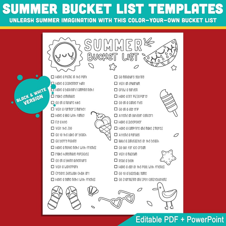 Summer Break Checklist Printable for Kids – Editable Bucket List ...