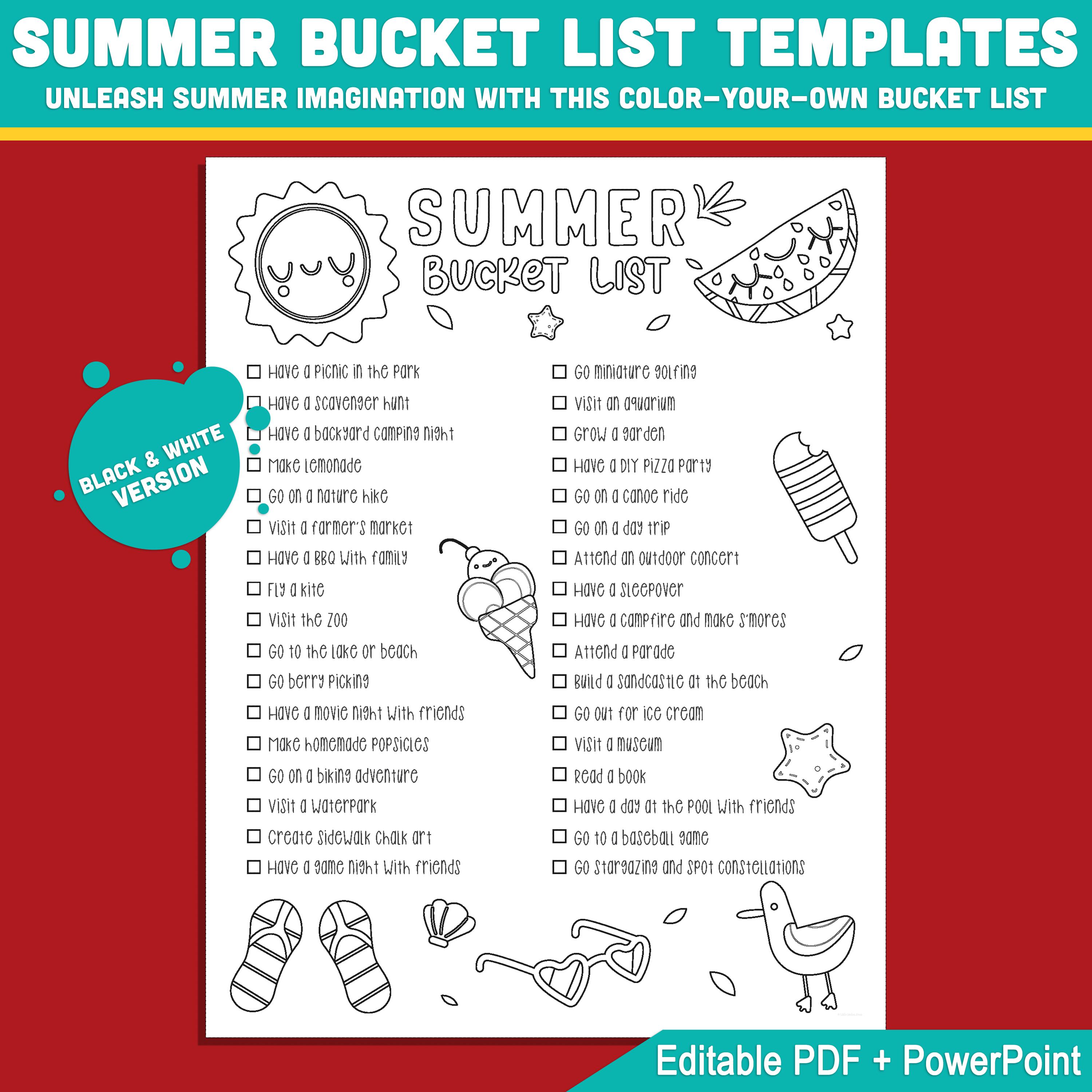 Summer Break Checklist Printable for Kids – Editable Bucket List ...