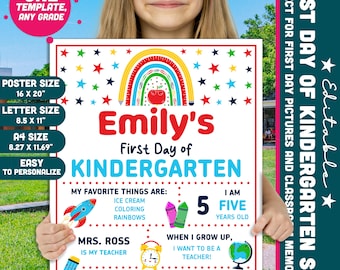 Editable First & Last Day of Kindergarten Sign, Back to School Photo Board, Printable PDF +PowerPoint, 16x20"Poster, Letter Size 8.5x11", A4