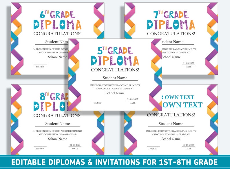 Editable 6th Grade Diploma 1st to 8th Grade Diploma - Etsy