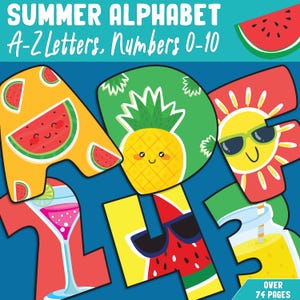 Alfabeto y números de verano: Letras de la A a la Z y números del 0 al 10, 1 o 2 por página para decorar el aula, tablones de anuncios y actividades de aprendizaje de temporada.