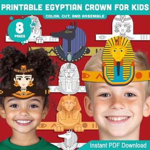Puede incluir: Corona egipcia imprimible para niños. La imagen muestra una variedad de coronas egipcias coloridas recortadas, incluyendo diseños de faraones y Anubis. El texto dice "Color, Cortar y Ensamblar" y "Descarga instantánea en PDF".