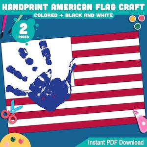 Handprint American Flag Craft: 4th of July Patriotic Art Project for Kids, 2 Printable Pages, Pre-Colored + Black and White, Instant PDF
