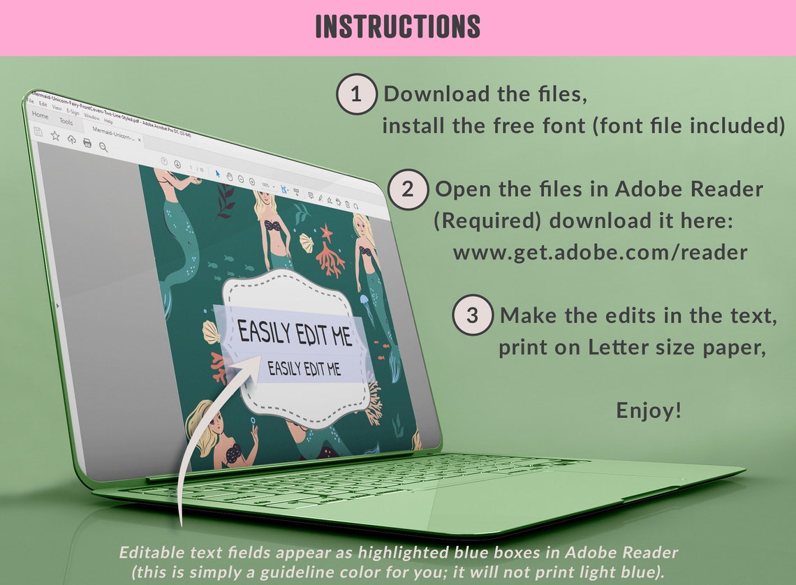 Mermaid Unicorn Fairy Binder Cover, 10 Printable/editable Binder Covers ...