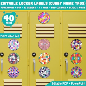 Peut inclure: Des casiers jaunes avec des étiquettes de nom en forme de boule disco rétro. Les étiquettes nominatives sont colorées et comportent des noms comme Noah, Sophia et Olivia. Le texte sur l'image indique "Editable Locker Labels" et "40 Pages".