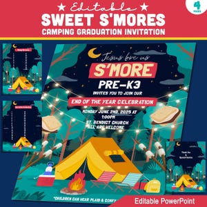 Camping Graduation Einladungsvorlagen für Vorschule, Kindergarten, Pre-K - Bearbeitbares S'mores Theme, 4 Seiten, sofortiger Powergold Download