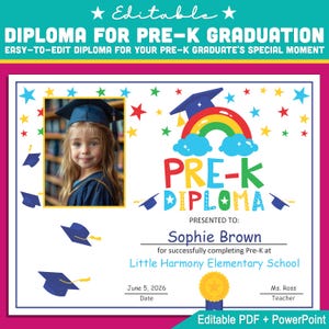Plantilla personalizada de diploma preescolar con foto: PDF editable en tamaño carta + PowerPoint para graduaciones y eventos de celebración de fin de año
