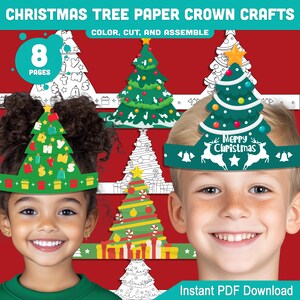 Puede incluir: Imagen festiva con niños usando coronas de papel de árbol de Navidad. Las coronas son verdes con decoraciones coloridas y el texto "Merry Christmas". El fondo incluye ilustraciones de árboles de Navidad.