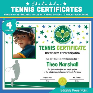 Certificats de tennis modifiables - 4 styles et options de photos pour les camps de jeunes, les leçons de jeunes, la fin de la saison - PowerPoint 8,5 x 11 téléchargement immédiat