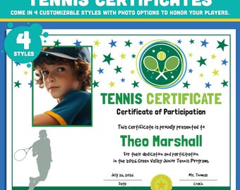 Editable Tennis Certificates - 4 Styles & Photo Options for Junior Camps, Youth Lessons, End of Season - 8.5x11 PowerPoint Instant Download