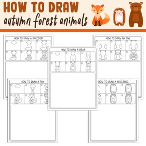 Pode incluir: Uma folha de trabalho imprimível com instruções sobre como desenhar uma coruja, uma raposa, um guaxinim, um urso e um ouriço. Cada animal é dividido em etapas simples com ilustrações.