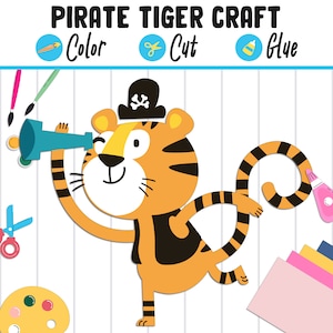 Pirate Tiger Craft for Kids: Color, Cut, and Glue, a Fun Activity for Pre K to 2nd Grade, PDF Instant Download