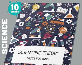Puede incluir: Portada de carpeta editable con un fondo azul oscuro y un patrón colorido de iconos relacionados con la ciencia. El texto "Scientific Theory Facts for Kids" está impreso en blanco sobre un rectángulo blanco.