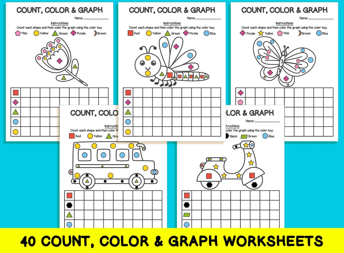 40 Count Color & Graph Worksheets Count and Graph Shapes - Etsy