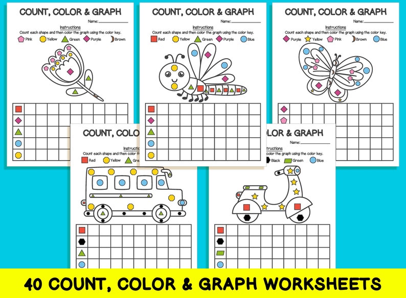40 Count, Color & Graph Worksheets, Count and Graph Shapes Worksheets ...