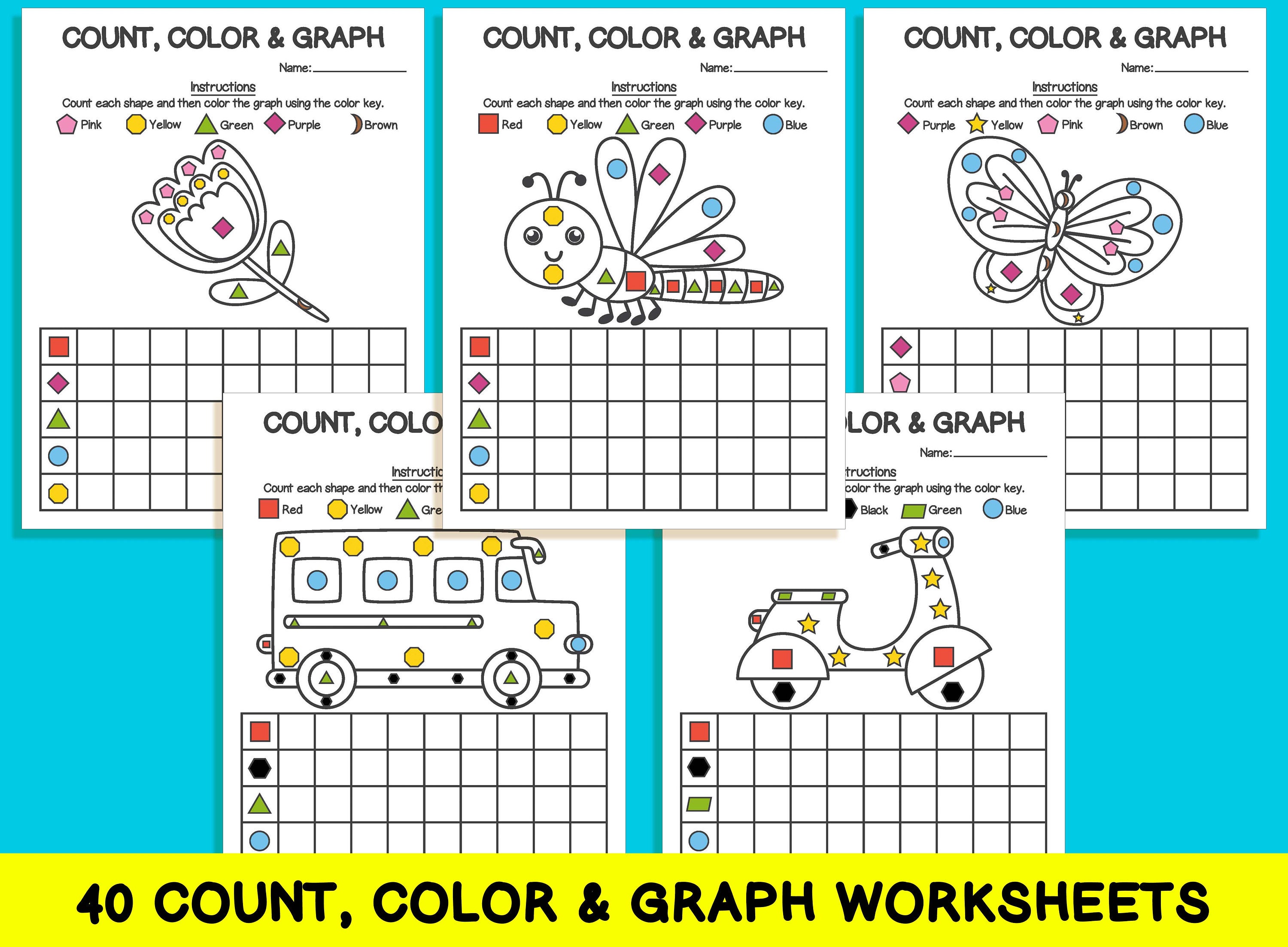 40 Count Color & Graph Worksheets Count and Graph Shapes | Etsy