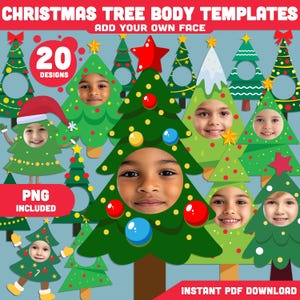 Puede incluir: Una colección de plantillas de cuerpo de árbol de Navidad verdes, cada una con espacio para una cara. La imagen incluye el texto "CHRISTMAS TREE BODY TEMPLATES" y "ADD YOUR OWN FACE". La imagen también incluye el texto "20 DESIGNS", "PNG INCLUDED" y "INSTANT PDF DOWNLOAD".