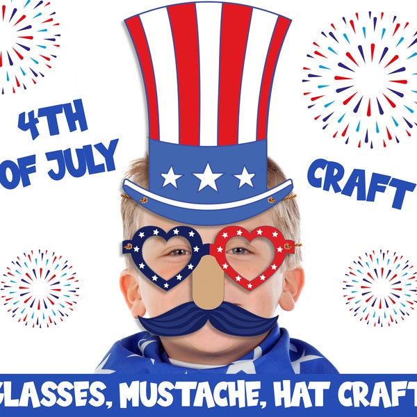 Glasses Mustache and Hat, 4th of July, Independence Day Craft Activity for Kids, Available in Color and Coloring Versions, Instant Download