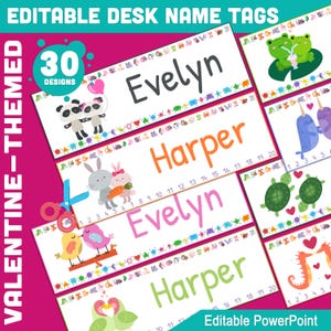 Valentine-Themed Editable Desk Name Tags for Students: 30 Fun Designs with Alphabet, Shapes, Numbers 1-20, 2 Per Page, PowerPoint File