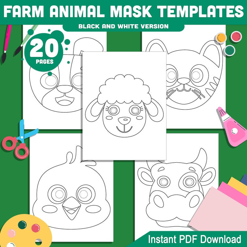 Printable Farm Animal Mask Templates: 20 Fun DIY Craft Pages for Kids ...