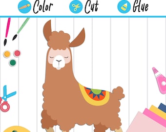 Llama Craft for Kids : Color, Cut, and Glue, a Fun Activity for Kindergarten to 2nd Grade, PDF Instant Download