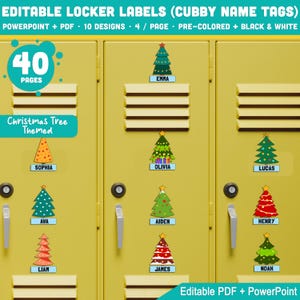 Editable Locker Labels (Cubby Name Tags), Christmas Tree Themed, 40 Pages, 10 Designs, 8.5x11&quot;, Pre-Colored + Black & White, PDF +PowerPoint