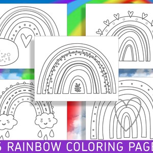 May include: A set of 25 printable rainbow coloring pages. Each page features a different design of a rainbow with various details like hearts, dots, and clouds.