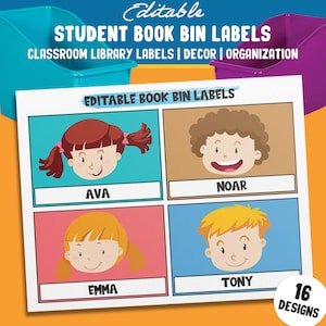 Editable Student Book Bin Labels: 16 Customizable Designs for Perfect Classroom Decor
