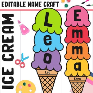 Sommer Eis Name Handwerk Aktivität: Zurück in die Schule Bulletin Board, 59 Seiten, 3 Größen, leer & bearbeitbar, Farb- und Schwarzweiß-Versionen