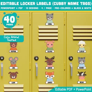 Editable Locker Labels, Cubby Name Tags, Cute Animal Themed, Pre-Colored +Black & White, PDF +PowerPoint, Back to School Craft and Classroom