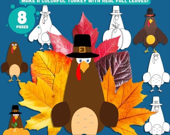 Puede incluir: Una descarga digital con manualidades de pavo con temática otoñal utilizando hojas reales. La imagen muestra ilustraciones de pavos, hojas de otoño y el texto "Autumn Leaf Turkey Crafts" y "Make a Colorful Turkey with Real Fall Leaves!"