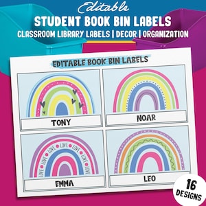 Editable Rainbow Book Bin Labels: 16 Customizable Designs for Perfect Classroom Decor