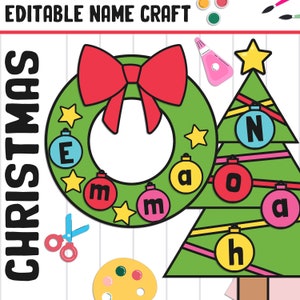 Manualidad con nombres navideños: tablón de anuncios de corona navideña y árbol de Navidad, 28 páginas, 2 tamaños, en blanco + editable, versiones en color y en blanco y negro