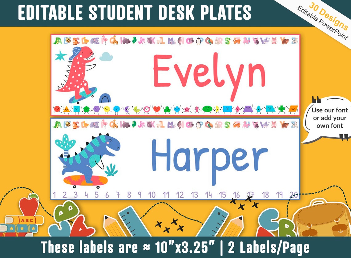 Student Desk Name Plates, 30 Printable/editable Dinosaur Classroom Name