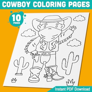 Peut inclure: Dessin au trait noir et blanc d'un cowboy portant un chapeau et un masque facial. Le cowboy tient un pistolet dans sa main droite et se tient devant un cactus. L'image fait partie d'un livre de coloriage de 10 pages.
