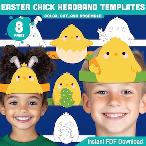 Könnte beinhalten: Oster-Themen-Druckvorlagen für Stirnbänder mit gelben Küken und einem Hasen. Das Design enthält den Text "Easter Chick Headband Templates" und "Color, Cut, and Assemble". Kinder tragen die Stirnbänder. Sofortiger PDF-Download.