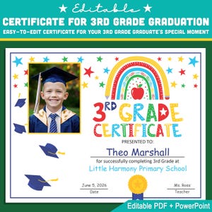 Modello di certificato di terza elementare con foto: PDF e PowerPoint modificabili 8,5x11 per lauree, eventi importanti e cerimonie di riconoscimento
