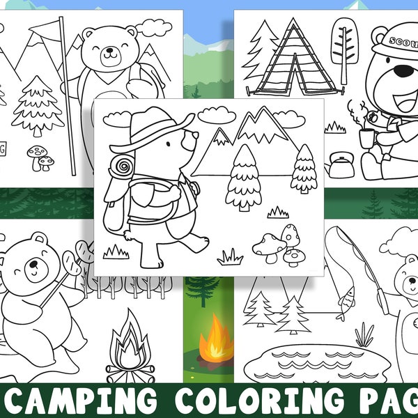 15 Fun Camping Coloring Pages for Preschool and Kindergarten Kids, PDF File, Includes; 15 PNG Transparent Images, Instant Download