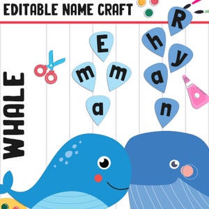 Actividad artesanal con nombre de ballena: tablón de anuncios de regreso a clases, 40 páginas, 5 diseños, en blanco y editable, versiones en color y en blanco y negro