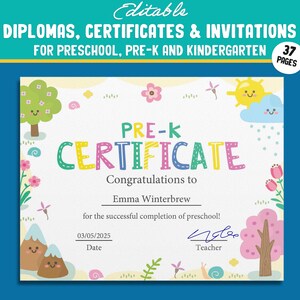 37 bearbeitbare Pre-K-Zertifikate, Kinderbilder, Kindergarten, Vorschuldiplome, Zertifikate, Einladungsvorlagen, Sofort Download
