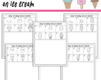 How To Draw an Ice Cream, Directed Drawing Step by Step Tutorial, Includes 5 Coloring Pages, PDF File, Instant Download