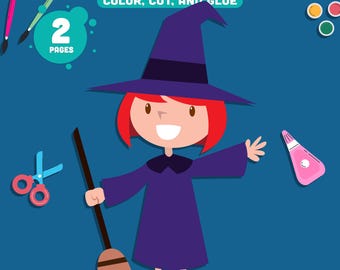 Printable Easy Halloween Witch Craft Templates, Fun Color Cut and Glue Activity for Preschool, Pre-K, Kindergarten, October Bulletin Board