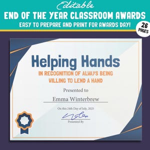 Editable Class Awards Middle School End of the Year, Student Recognition, PDF File, Instant Download