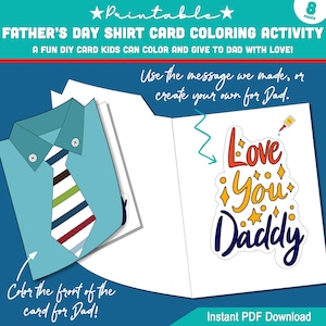 Ausmalbild zum Ausmalen für Vatertag, Shirt, Karte zum Ausmalen – 5 druckbare Designs + 6 süße Botschaften, tolles Geschenk für Papa von Kind an, einfach zu machen!