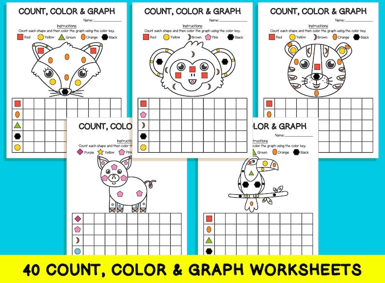 40 Count Color & Graph Worksheets Count and Graph Shapes - Etsy
