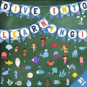 Editable Ocean Theme Classroom Decor, End of Year, Back to School or Summer Bulletin Board Set with Ocean Animals, 91 Pages, PDF +PowerPoint
