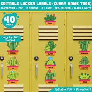 Editable Locker Labels (Cubby Name Tags), Cute Cactus Themed, PDF + PowerPoint, Pre-Colored + Black & White, Back to School Printable Set