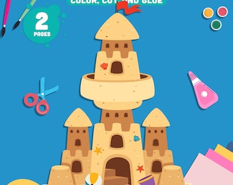 Sand Castle Paper Craft for Kids: Creative Color, Cut, and Glue Activity Perfect for Summer Homeschool, Preschool, and Kindergarten Fun.