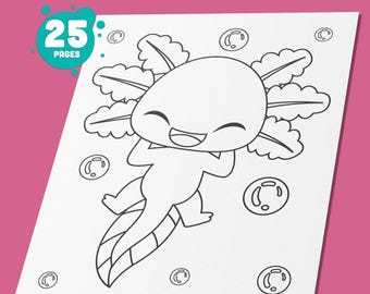Puede incluir: Un dibujo en blanco y negro de un ajolote con una expresión feliz. El ajolote está rodeado de burbujas. La imagen es parte de un libro para colorear de 25 páginas.