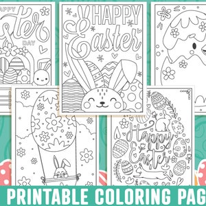 May include: A collection of black and white Easter-themed coloring pages. The designs include Easter eggs, bunnies, and the text "Happy Easter." The words "40 Printable Coloring Pages" are at the bottom.